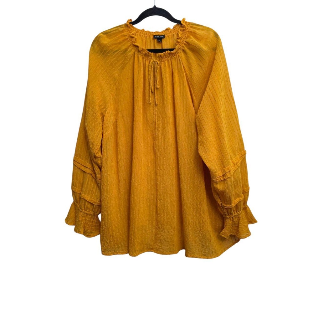 Torrid Mustard Gauze Peasant‎ High Neck Tie Flounce Sleeve Striped Plus Size 2X - Picture 4 of 6